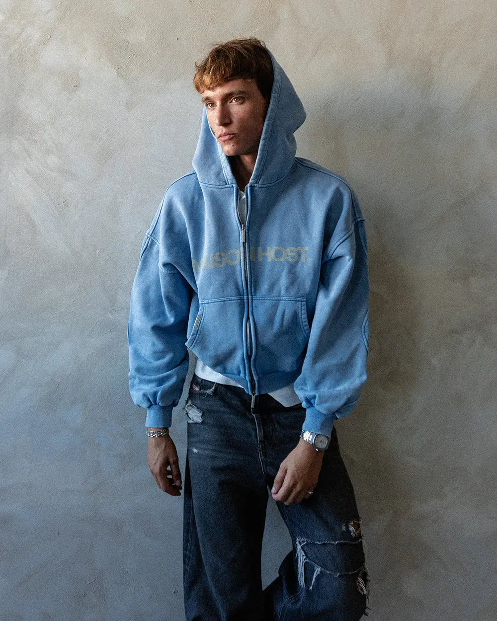 SUDADERA CON CAPUCHA CON CREMALLERA ERODE WAVE AZUL CELESTE