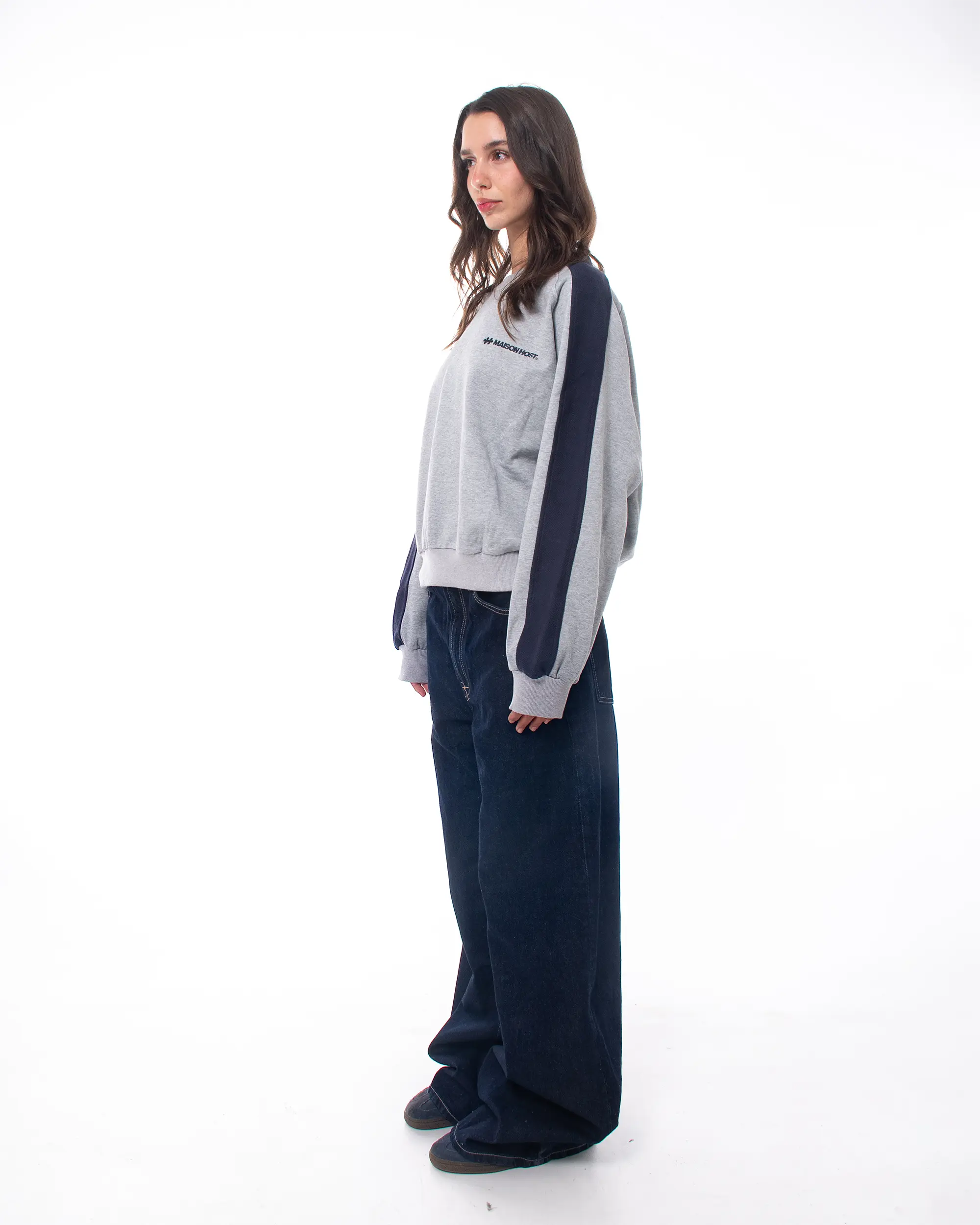 SUDADERA CUELLO REDONDO BANDA INVERTIDA GRIS