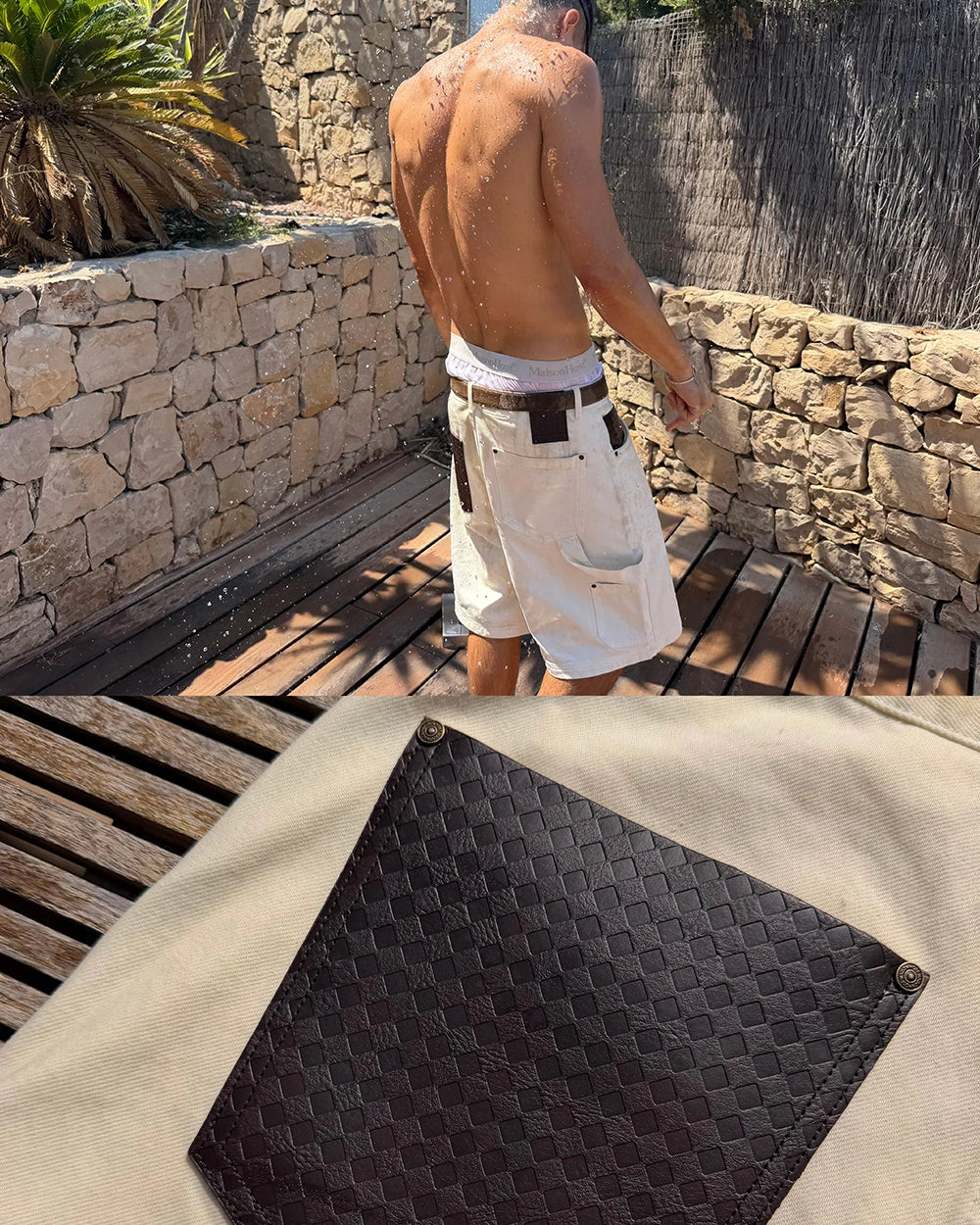 LEATHER POCKET ECRU SHORTS