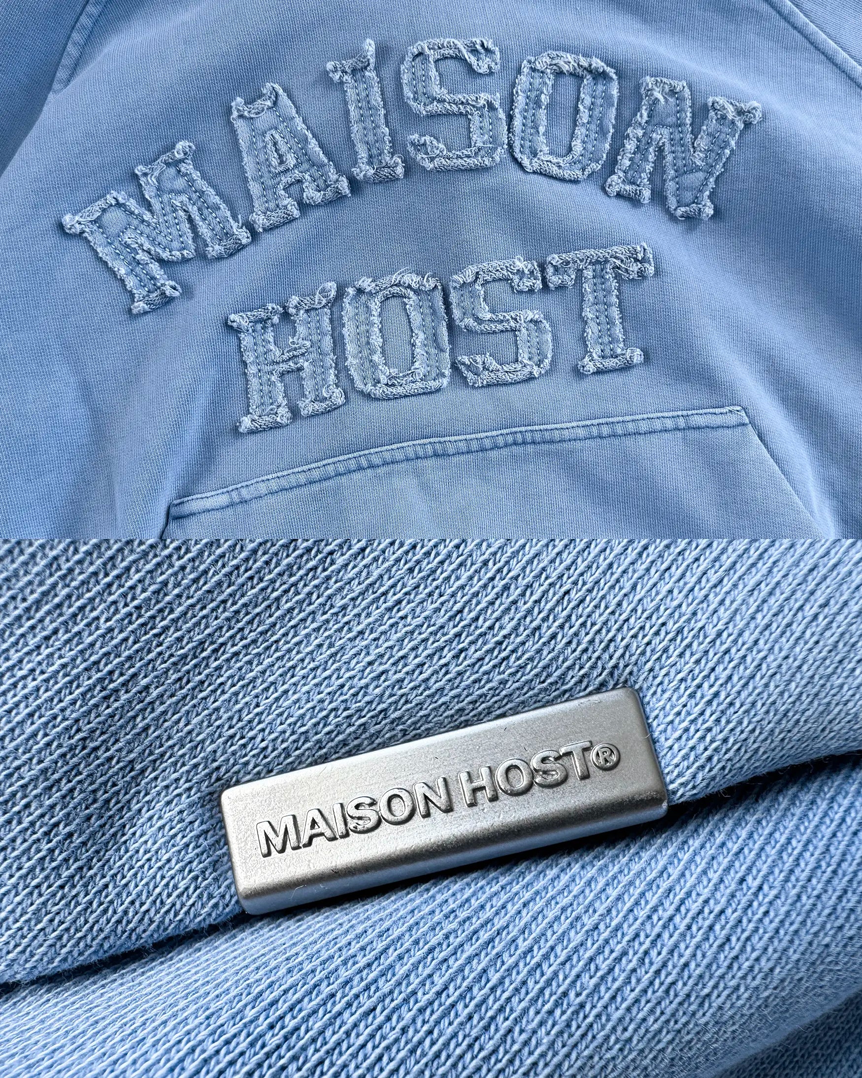 SUDADERA CON CAPUCHA TEÑIDA Y APLIQUE AZUL