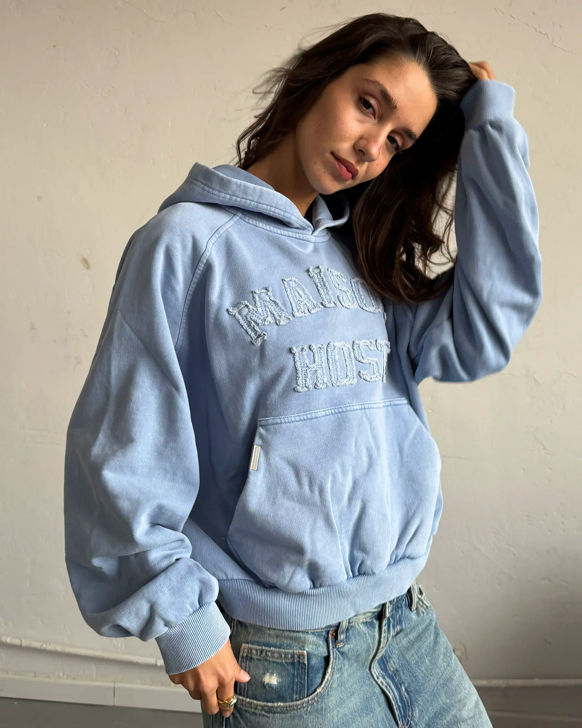 APPLIQUÉ DYED HOODIE BLUE
