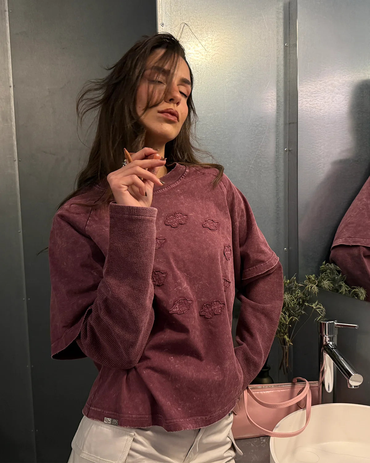 Camiseta manga larga waffle MHSTR teñida borgoña