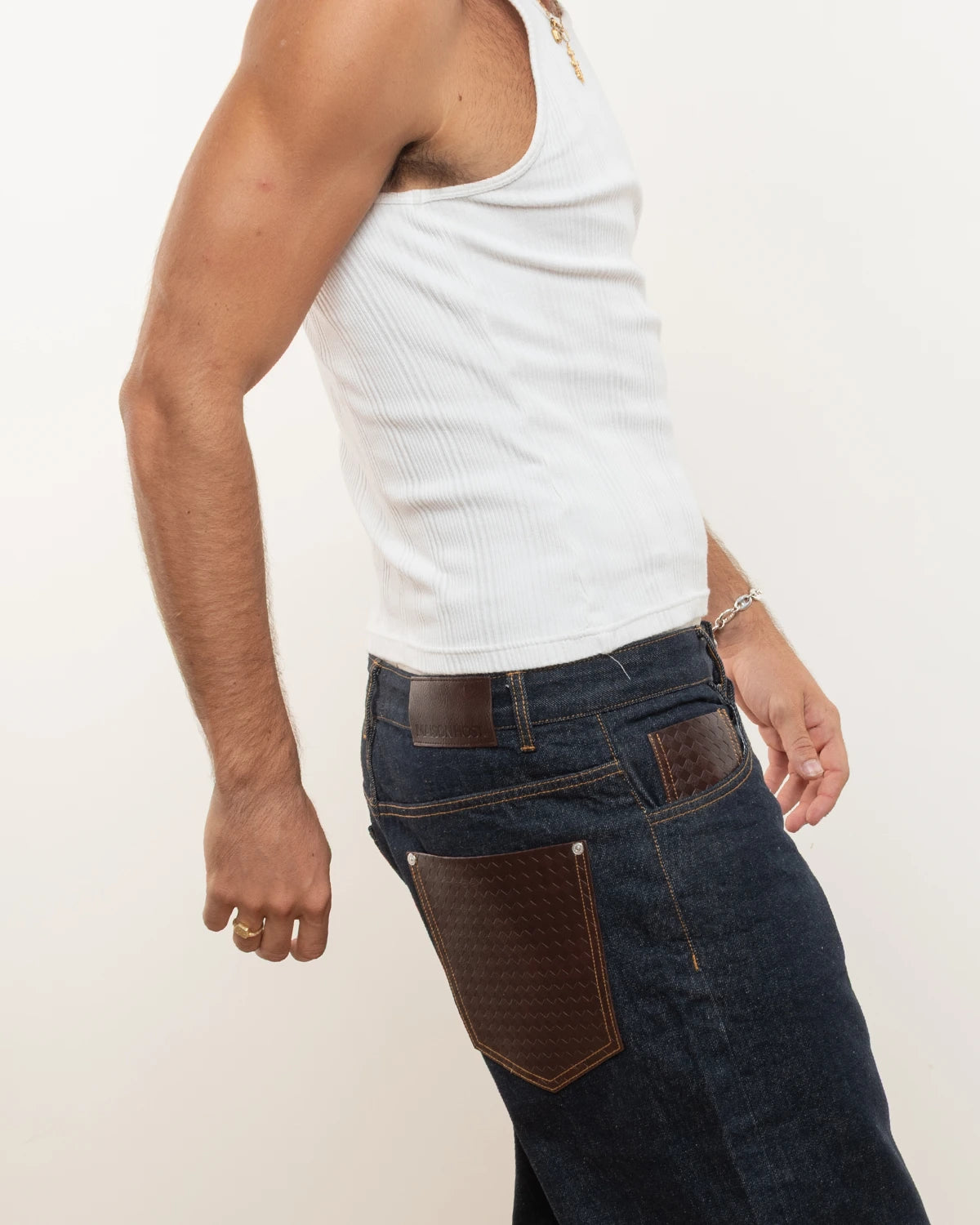 RAW LEATHER POCKET JEANS