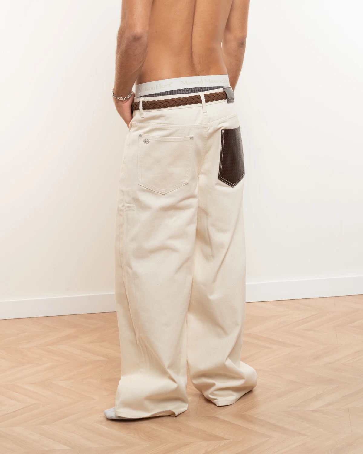 ECRU LEATHER POCKET JEANS