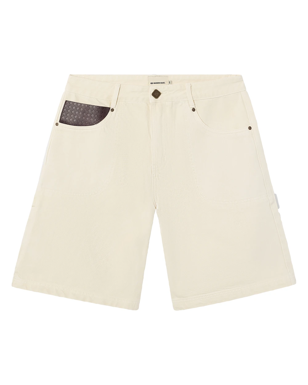 LEATHER POCKET ECRU SHORTS