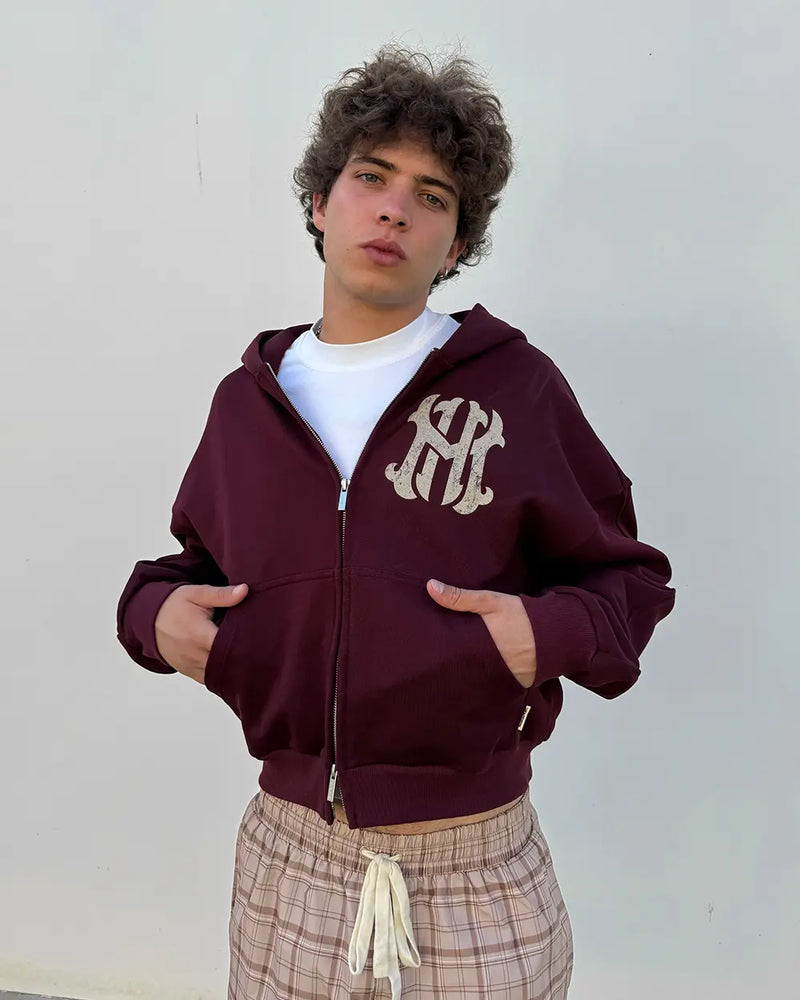 HOMERUN BURGUNDY ZIPPED HOODIE